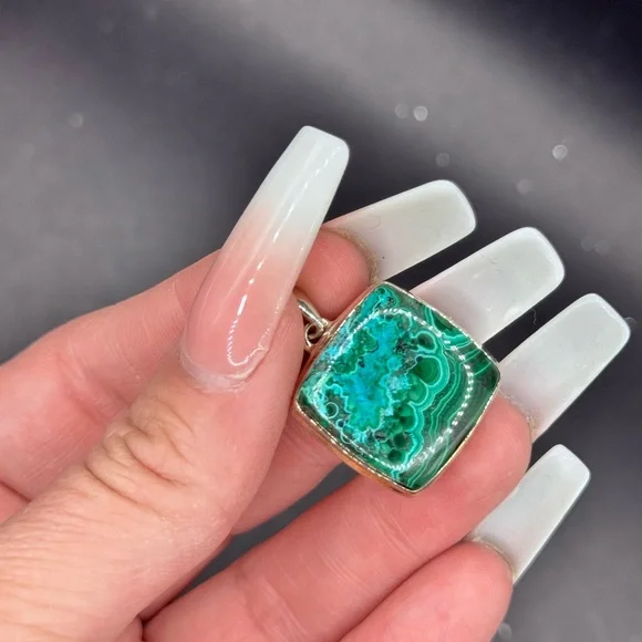 Chrysocolla & Malachite Gemstone 925 Sliver Pendant Calming Blues Square - Picture 5 of 5